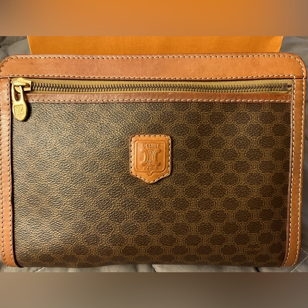 CELINE  Clutch Bag Macadam Brown PVC Leather Authentic